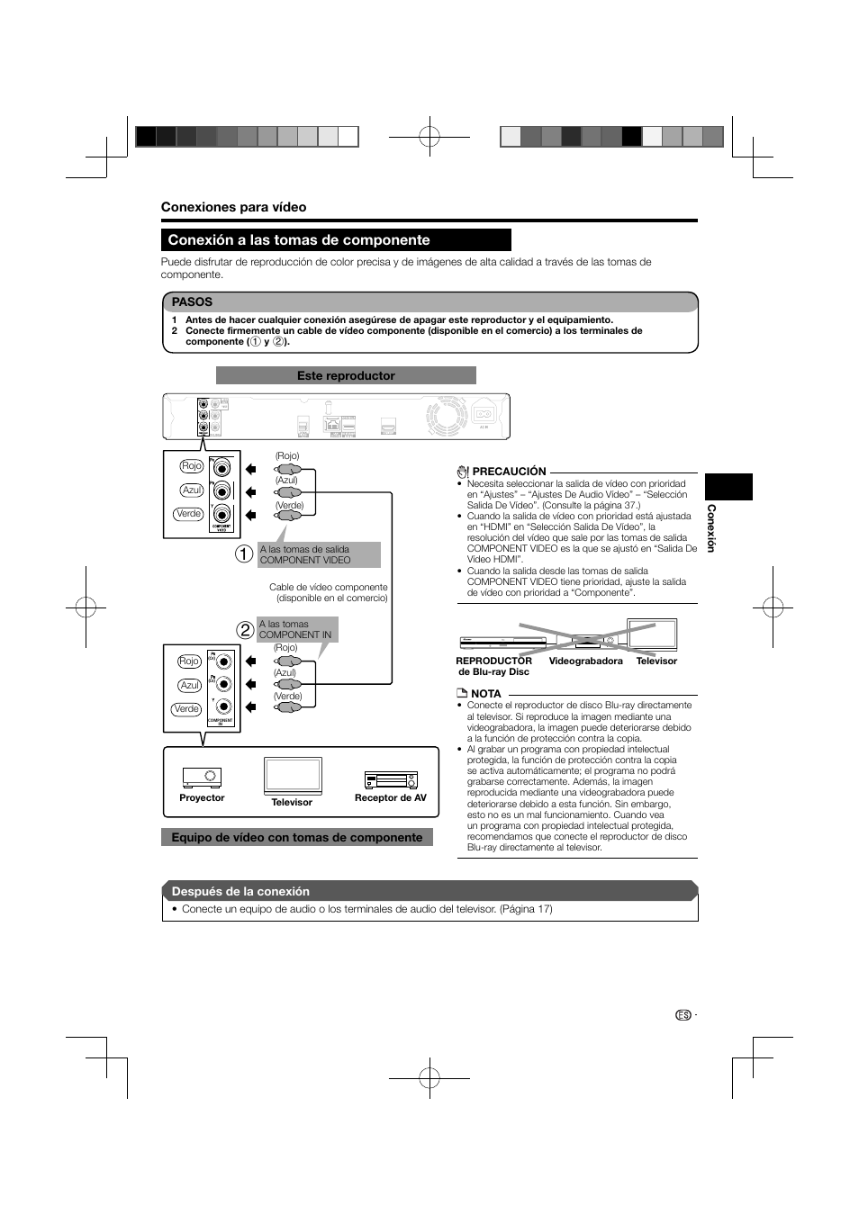 Conexión a las tomas de componente, Conexiones para vídeo | Pioneer BDP-121 User Manual | Page 69 / 107
