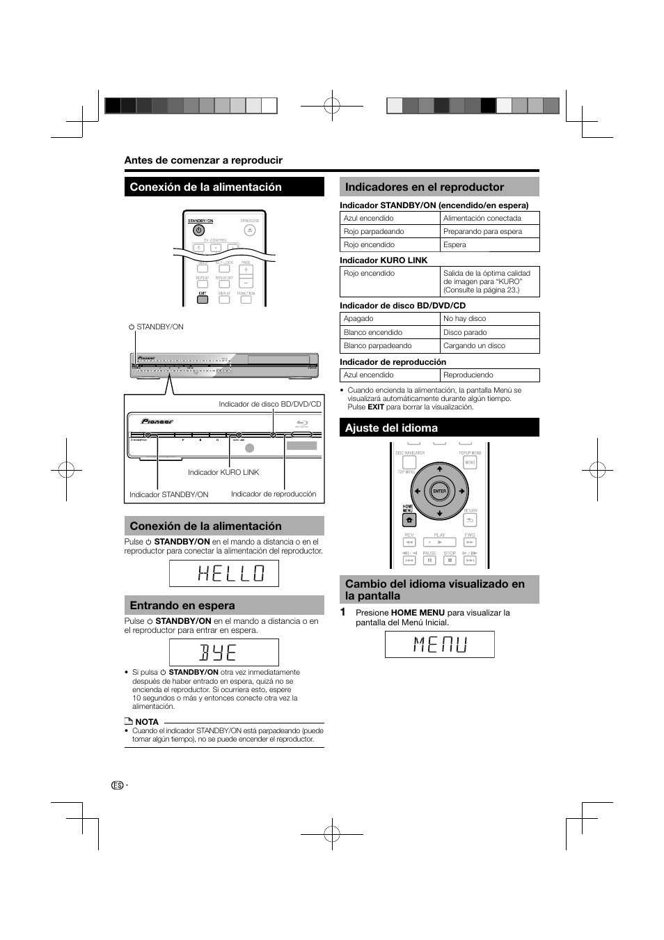 Conexión de la alimentación, Ajuste del idioma, Cambio del idioma visualizado en la pantalla | Entrando en espera, Indicadores en el reproductor | Pioneer BDP-121 User Manual | Page 74 / 107