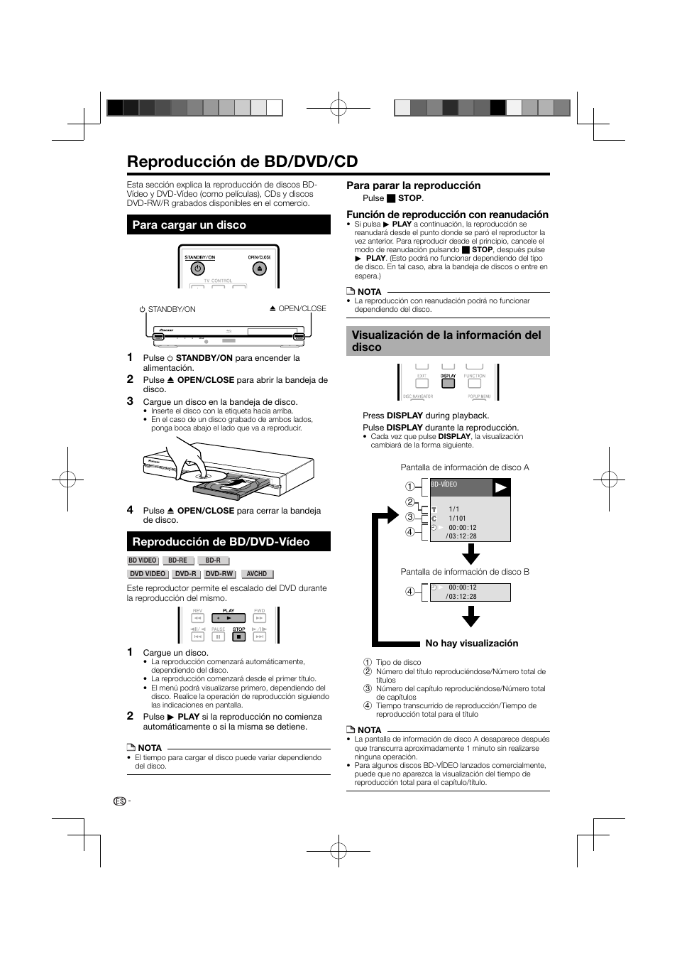 Reproducción de bd/dvd/cd –29, Para cargar un disco reproducción de bd/dvd-vídeo, Visualización de la información del disco | Reproducción de bd/dvd/cd, Para cargar un disco, Reproducción de bd/dvd-vídeo | Pioneer BDP-121 User Manual | Page 78 / 107