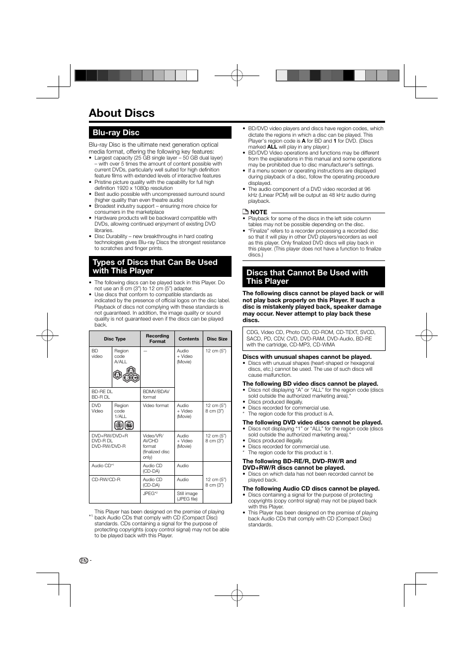 About discs –7, About discs, Blu-ray disc | Types of discs that can be used with this player, Discs that cannot be used with this player | Pioneer BDP-121 User Manual | Page 8 / 107