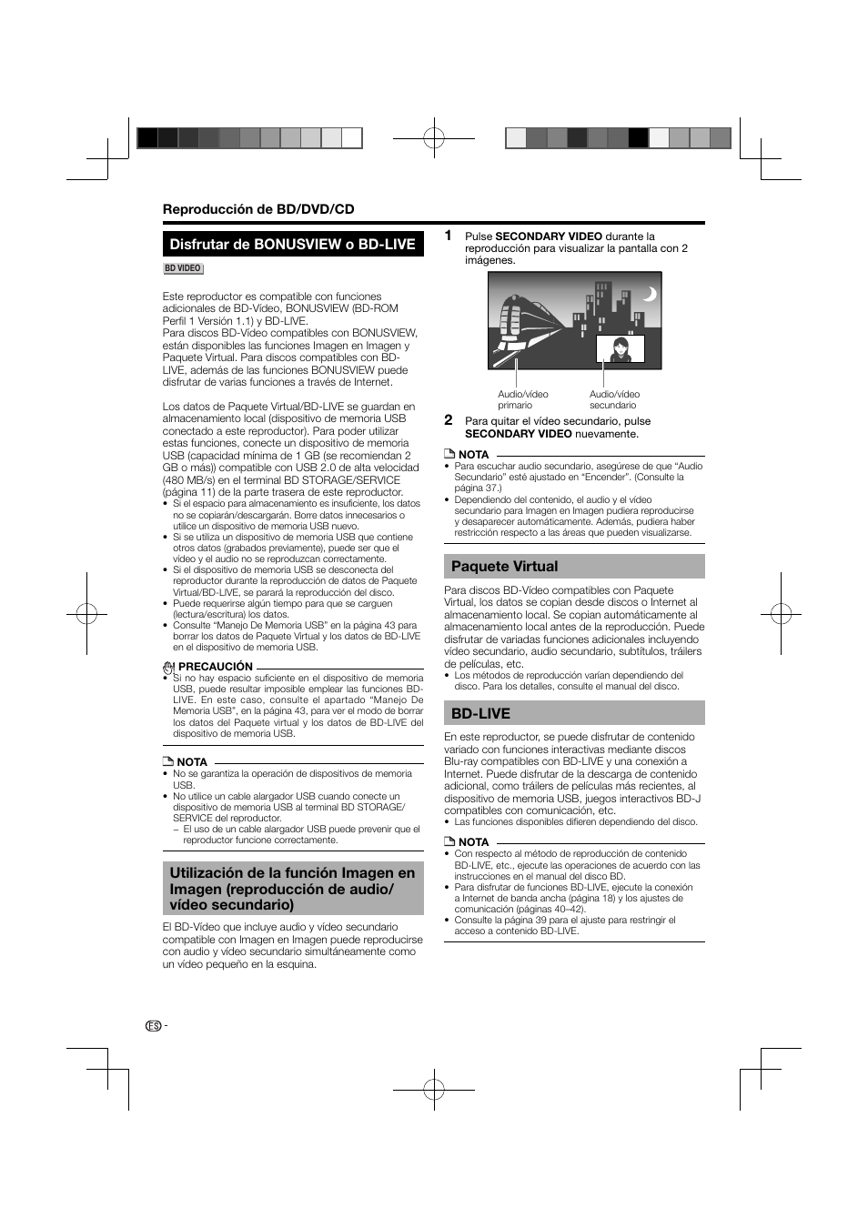 Disfrutar de bonusview o bd-live, Utilización de la función imagen en imagen, Reproducción de audio/vídeo secundario) | Paquete virtual bd-live, Paquete virtual, Bd-live | Pioneer BDP-121 User Manual | Page 80 / 107