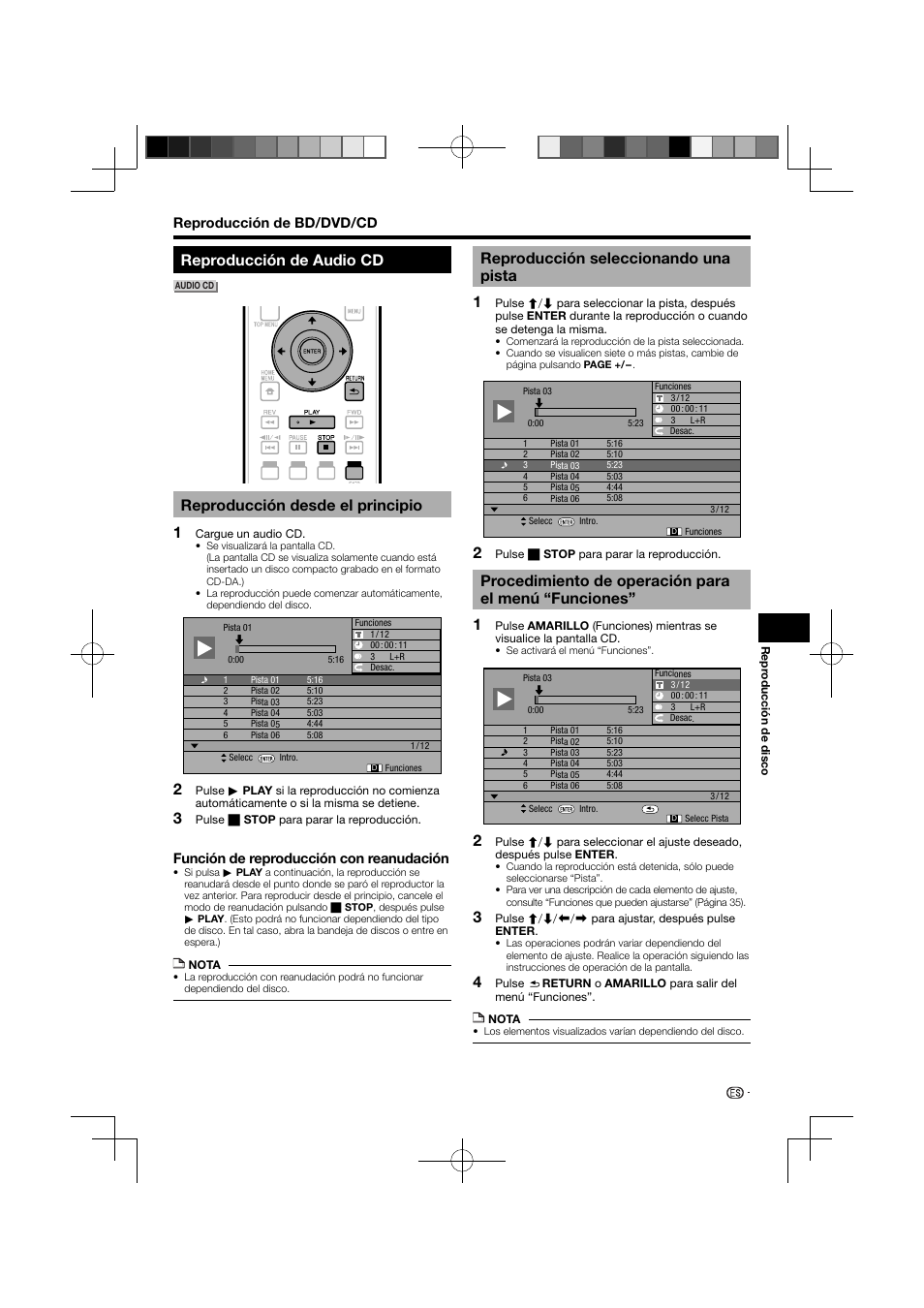 Reproducción de audio cd, Reproducción desde el principio, Reproducción seleccionando una pista | Procedimiento de operación para el menú “funciones | Pioneer BDP-121 User Manual | Page 83 / 107