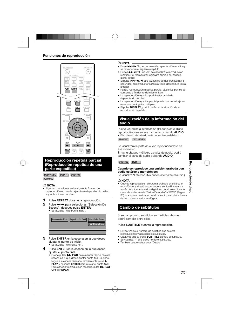 De una parte específica), Visualización de la información del audio, Cambio de subtítulos | Pioneer BDP-121 User Manual | Page 85 / 107
