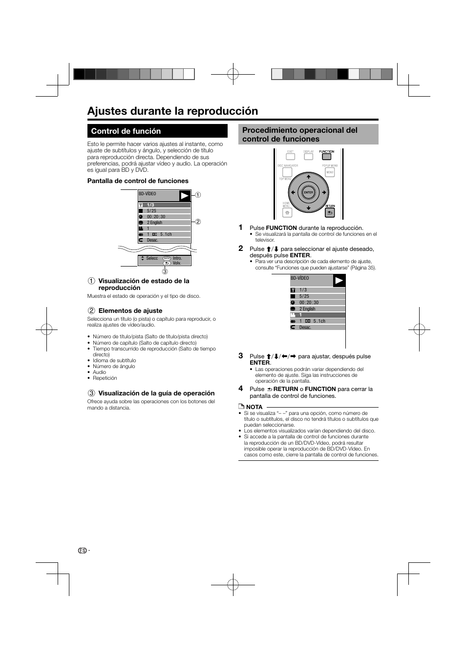 Ajustes durante la reproducción –35, Control de función, Procedimiento operacional del control de funciones | Ajustes durante la reproducción | Pioneer BDP-121 User Manual | Page 88 / 107