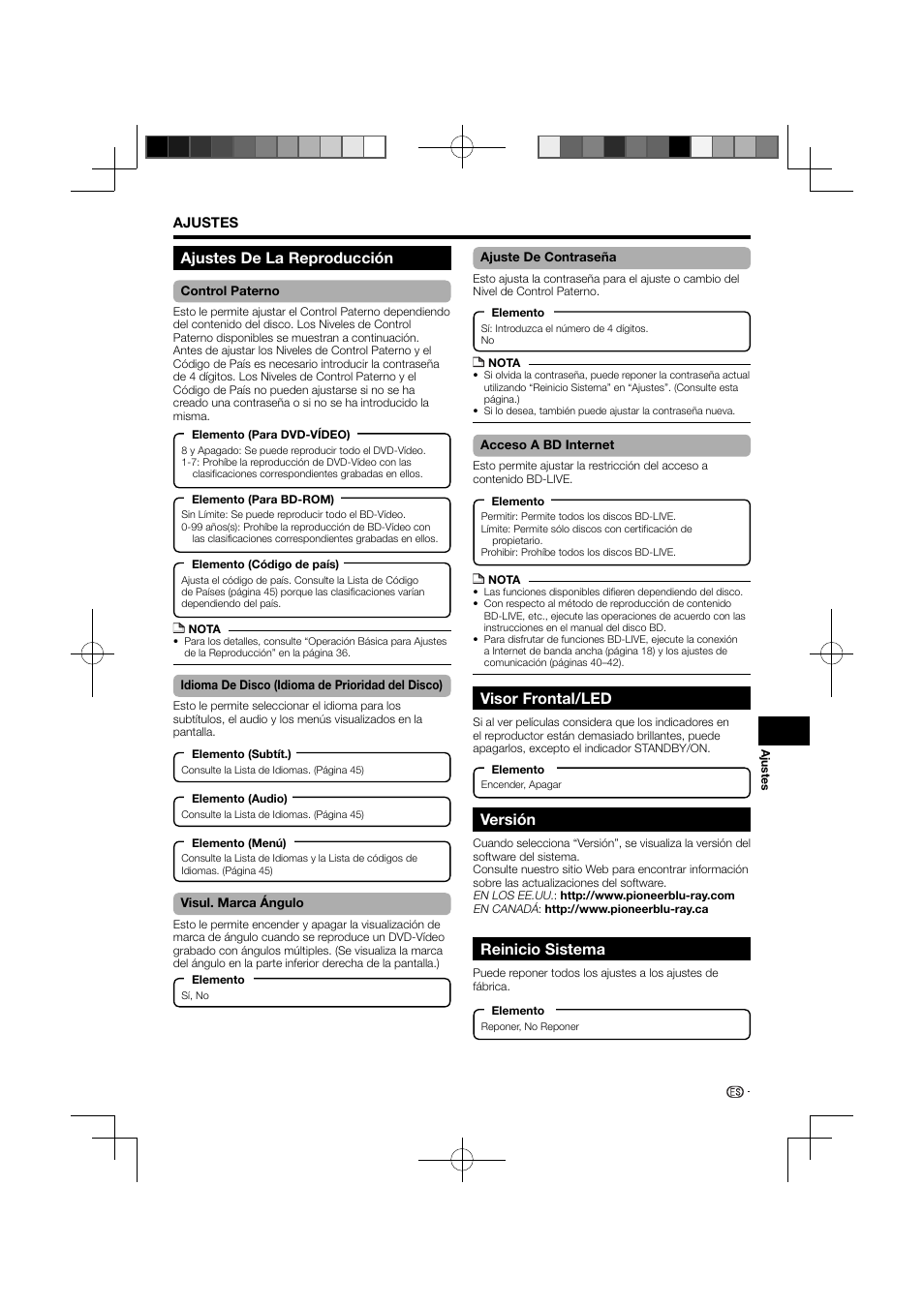 Visor frontal/led, Versión, Reinicio sistema | Ajustes de la reproducción | Pioneer BDP-121 User Manual | Page 93 / 107