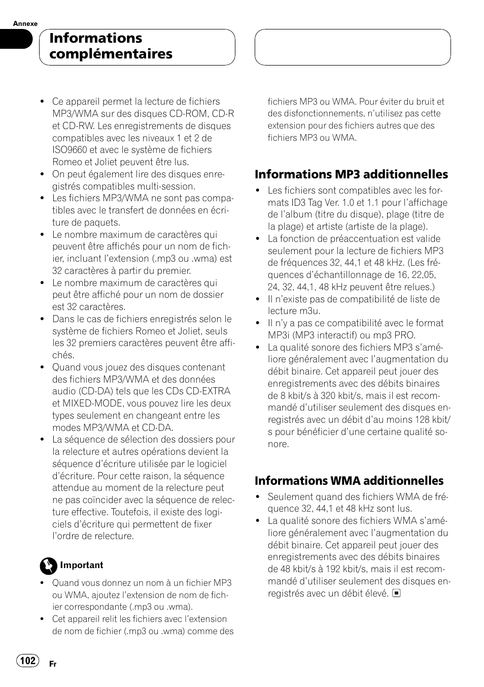 Informations mp3 additionnelles 102, Informations wma, Additionnelles 102 | Informations complémentaires, Informations mp3 additionnelles, Informations wma additionnelles | Pioneer DEH-P550MP User Manual | Page 102 / 164