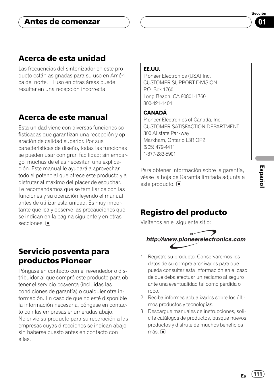 Antes de comenzar acerca de esta unidad 111, Acerca de este manual 111, Servicio posventa para productos | Pioneer 111, Registro del producto 111, Acerca de esta unidad, Acerca de este manual, Servicio posventa para productos pioneer, Registro del producto, Antes de comenzar | Pioneer DEH-P550MP User Manual | Page 111 / 164