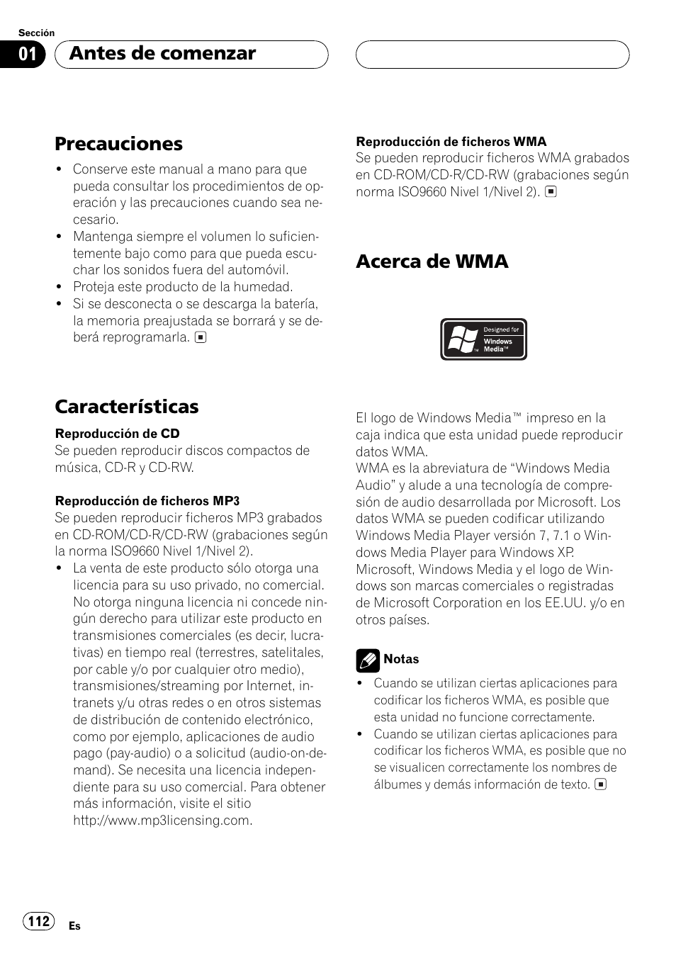 Precauciones 112, Características 112, Acerca de wma 112 | Precauciones, Características, Acerca de wma, Antes de comenzar | Pioneer DEH-P550MP User Manual | Page 112 / 164
