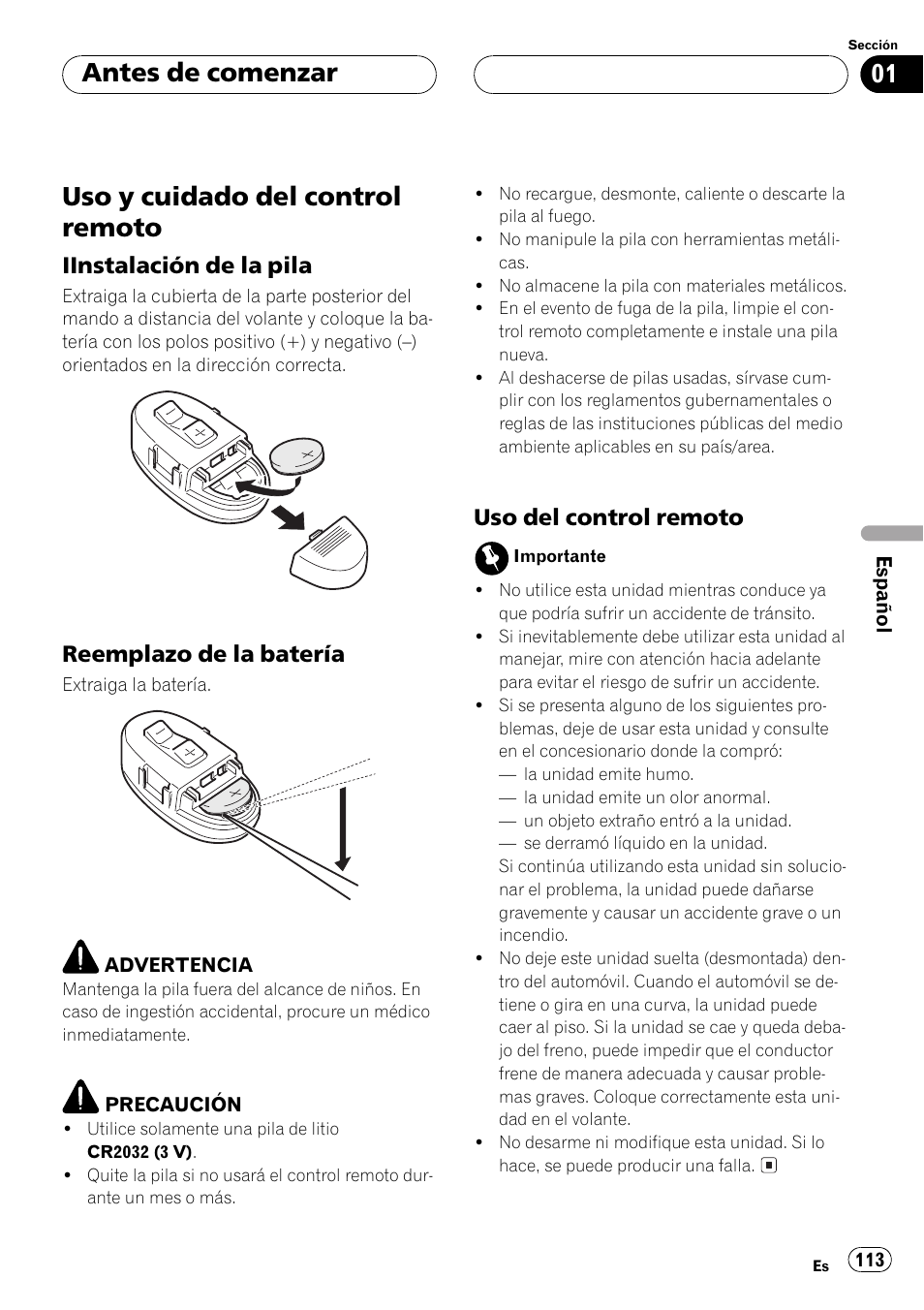 Uso y cuidado del control remoto 113, Iinstalación de la pila 113, Reemplazo de la batería 113 | Uso del control remoto 113, Uso ycuidado del control remoto, Antes de comenzar, Iinstalación de la pila, Reemplazo de la batería, Uso del control remoto | Pioneer DEH-P550MP User Manual | Page 113 / 164