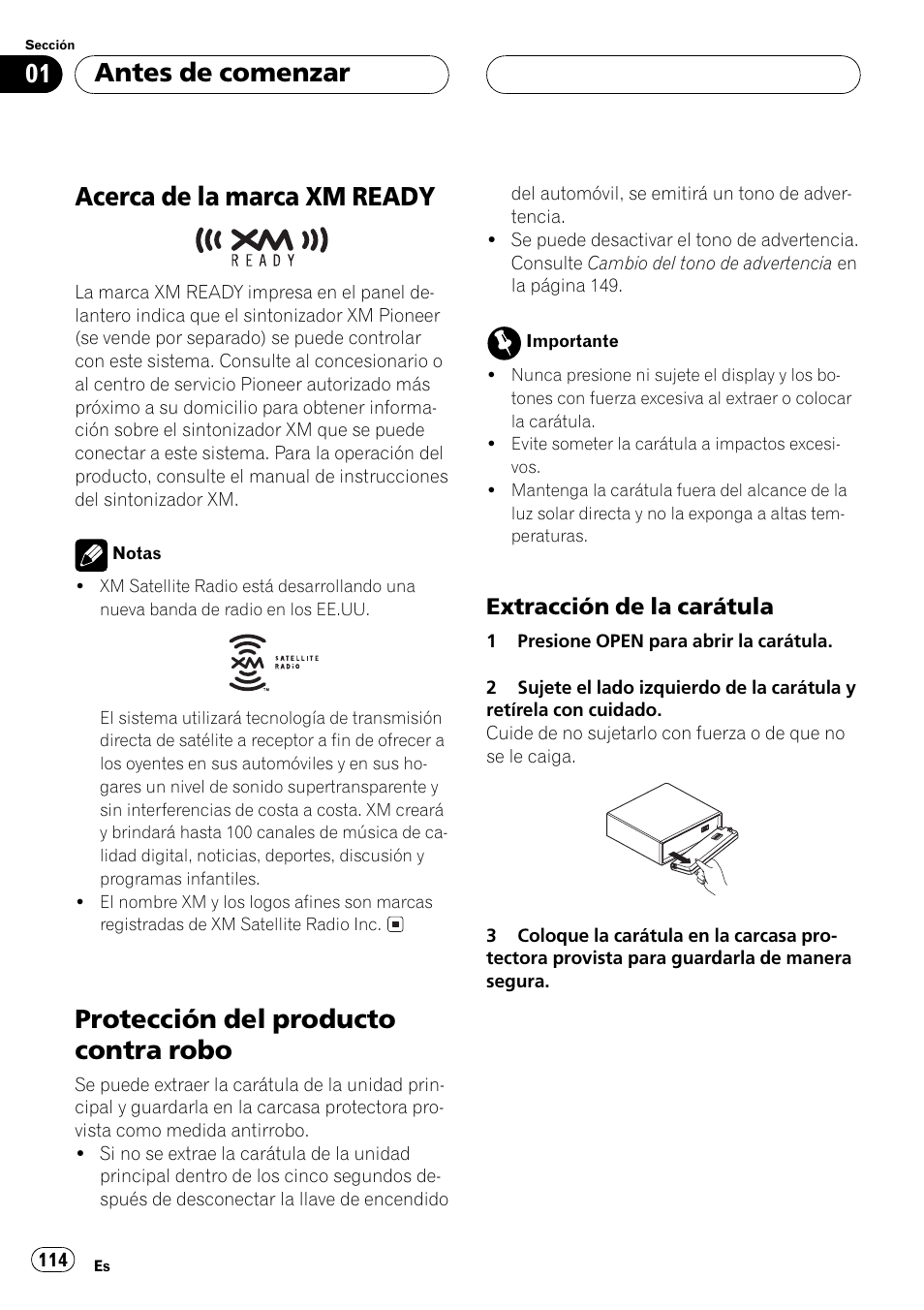Acerca de la marca xmready 114, Protección del producto contra robo 114, Extracción de la carátula 114 | Acerca de la marca xm ready, Protección del producto contra robo, Antes de comenzar | Pioneer DEH-P550MP User Manual | Page 114 / 164