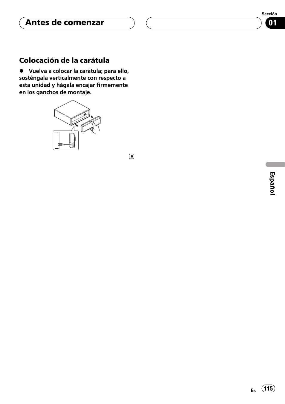 Colocación de la carátula 115, Antes de comenzar | Pioneer DEH-P550MP User Manual | Page 115 / 164