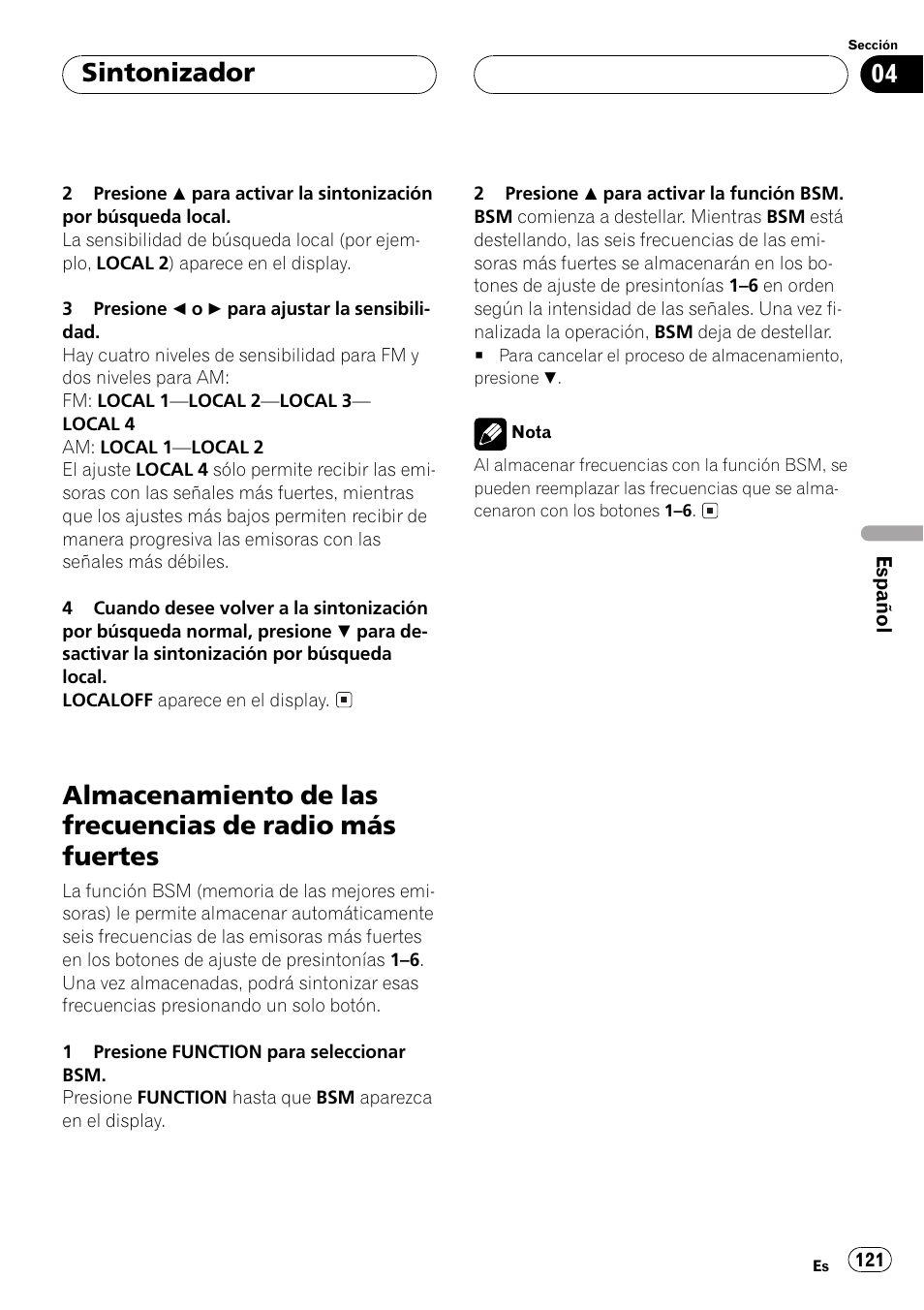 Almacenamiento de las frecuencias de radio, Más fuertes 121, Sintonizador | Pioneer DEH-P550MP User Manual | Page 121 / 164