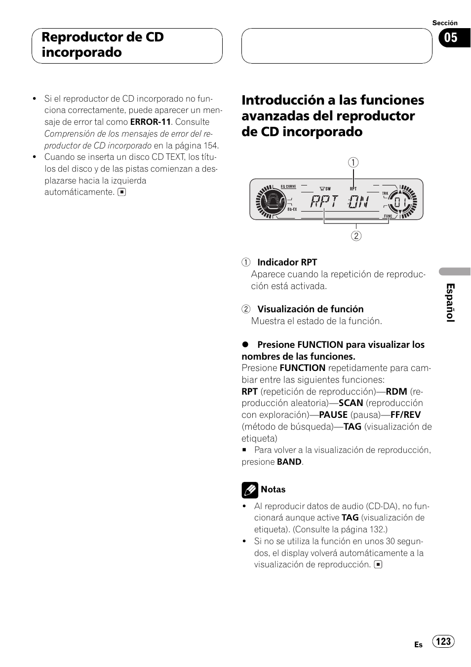 Introducción a las funciones avanzadas del, Reproductor de cd incorporado 123, Reproductor de cd incorporado | Pioneer DEH-P550MP User Manual | Page 123 / 164