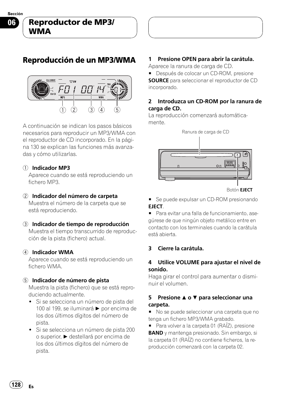 Reproductor de mp3/wma, Reproducción de un mp3/wma 128, Reproducción de un mp3/wma | Reproductor de mp3/ wma | Pioneer DEH-P550MP User Manual | Page 128 / 164