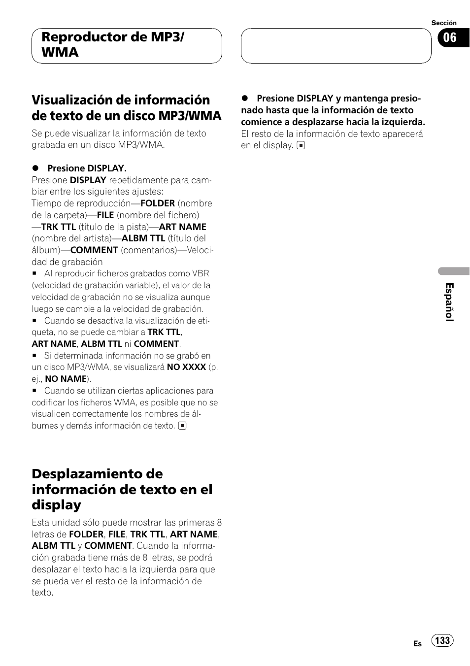 Visualización de información de texto de un, Disco mp3/wma 133, Desplazamiento de información de texto en | El display 133, Reproductor de mp3/ wma | Pioneer DEH-P550MP User Manual | Page 133 / 164
