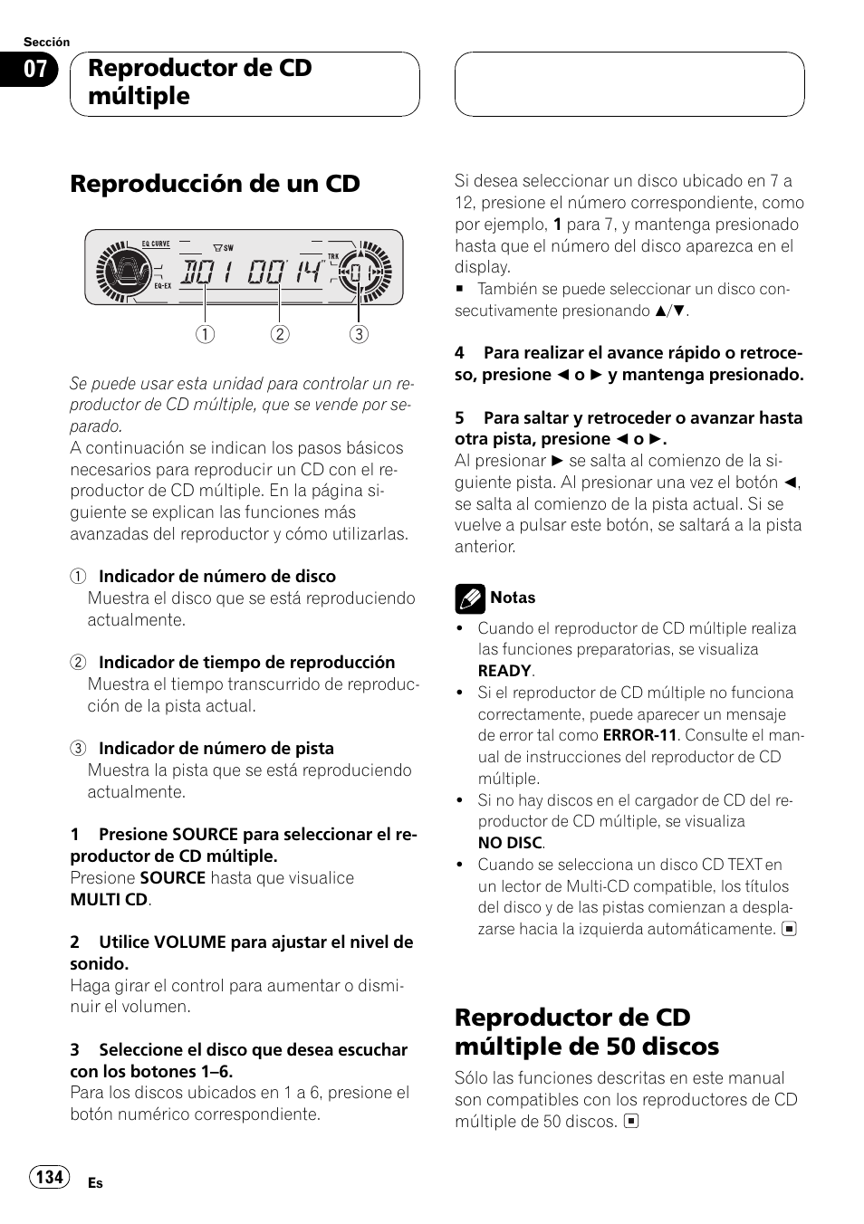 Reproductor de cd múltiple, Reproducción de un cd 134, Reproductor de cd múltiple de 50 | Discos 134, Reproducción de un cd, Reproductor de cd múltiple de 50 discos | Pioneer DEH-P550MP User Manual | Page 134 / 164