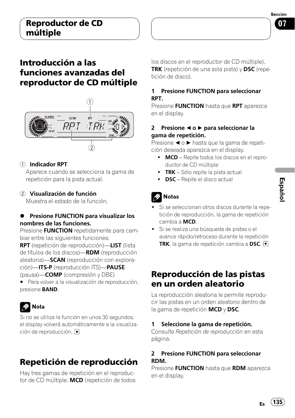 Introducción a las funciones avanzadas del, Reproductor de cd múltiple 135, Repetición de reproducción 135 | Reproducción de las pistas en un orden, Aleatorio 135, Repetición de reproducción, Reproducción de las pistas en un orden aleatorio, Reproductor de cd múltiple | Pioneer DEH-P550MP User Manual | Page 135 / 164