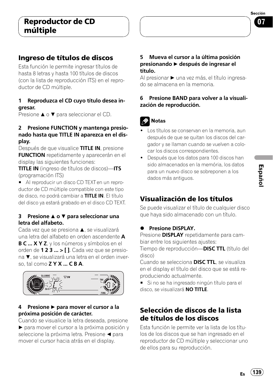 Ingreso de títulos de discos 139, Visualización de los títulos 139, Selección de discos de la lista de | Títulos de los discos 139, Reproductor de cd múltiple, Ingreso de títulos de discos, Visualización de los títulos | Pioneer DEH-P550MP User Manual | Page 139 / 164