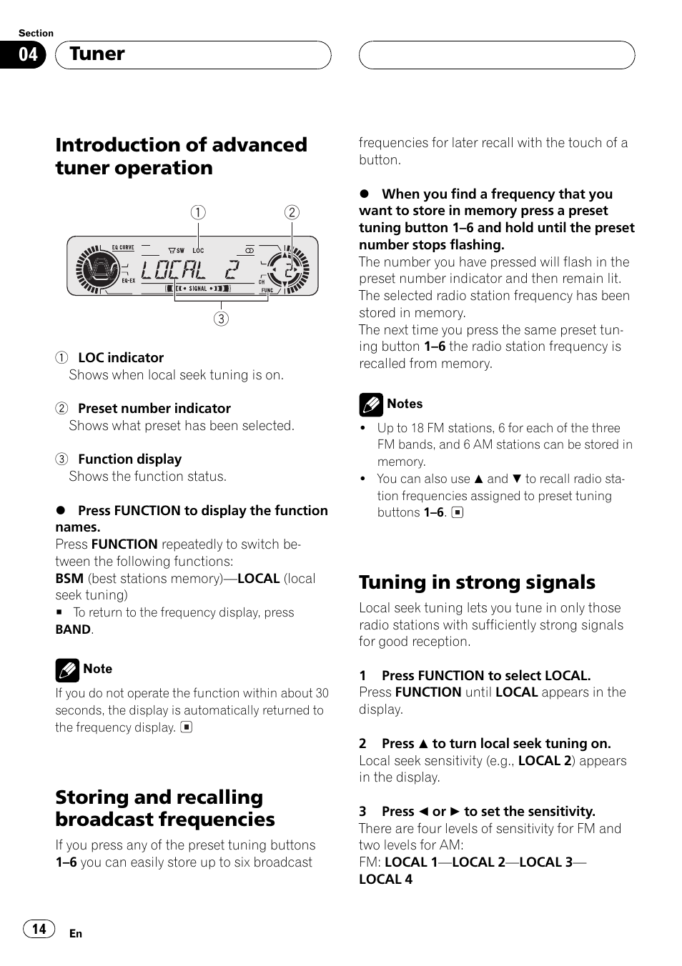 Introduction of advanced tuner, Operation 14, Storing and recalling broadcast | Frequencies 14, Tuning in strong signals 14, Introduction of advanced tuner operation, Storing and recalling broadcast frequencies, Tuning in strong signals, Tuner | Pioneer DEH-P550MP User Manual | Page 14 / 164