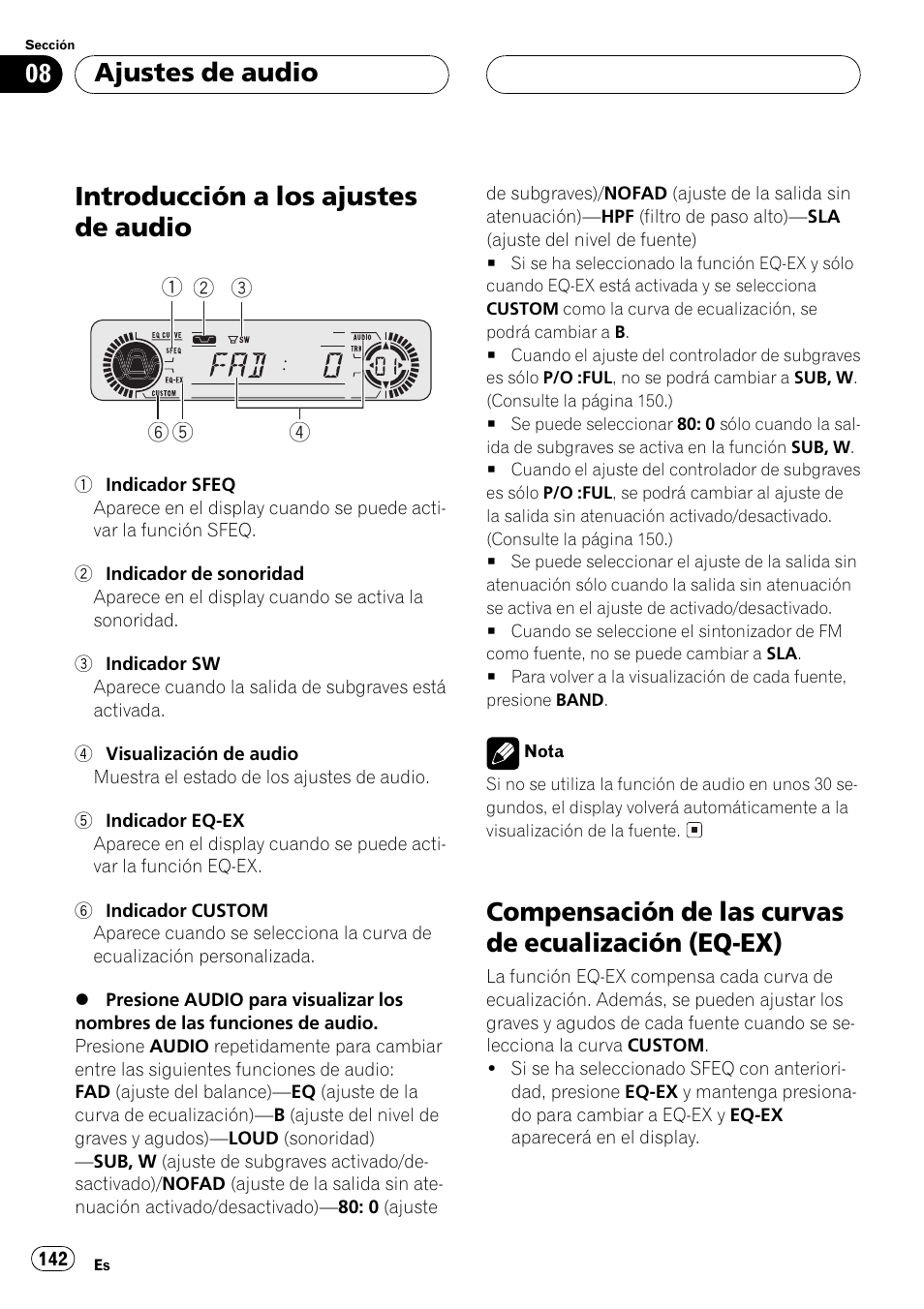 Ajustes de audio, Introducción a los ajustes de audio 142, Compensación de las curvas de ecualización | Eq-ex) 142, Introducción a los ajustes de audio, Compensación de las curvas de ecualización (eq-ex) | Pioneer DEH-P550MP User Manual | Page 142 / 164