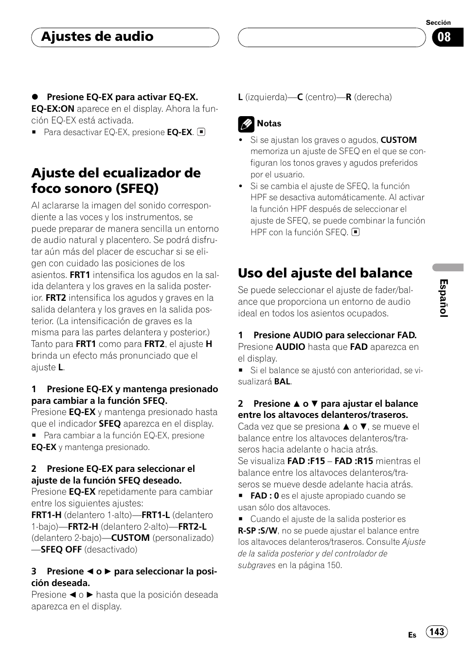 Ajuste del ecualizador de foco sonoro, Sfeq) 143, Uso del ajuste del balance 143 | Ajuste del ecualizador de foco sonoro (sfeq), Uso del ajuste del balance, Ajustes de audio | Pioneer DEH-P550MP User Manual | Page 143 / 164