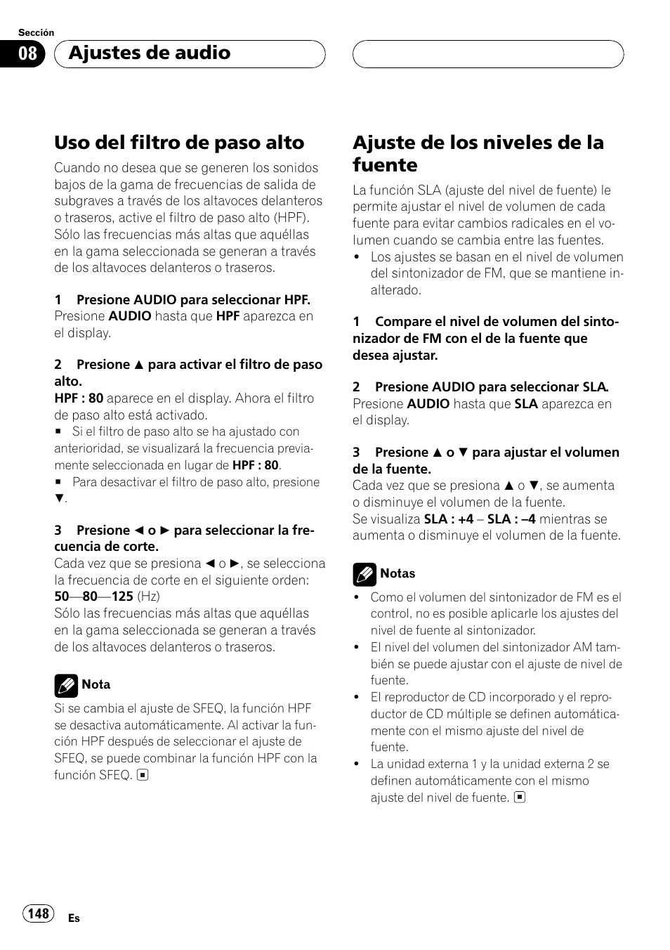 Uso del filtro de paso alto 148, Ajuste de los niveles de la fuente 148, Uso del filtro de paso alto | Ajuste de los niveles de la fuente, Ajustes de audio | Pioneer DEH-P550MP User Manual | Page 148 / 164