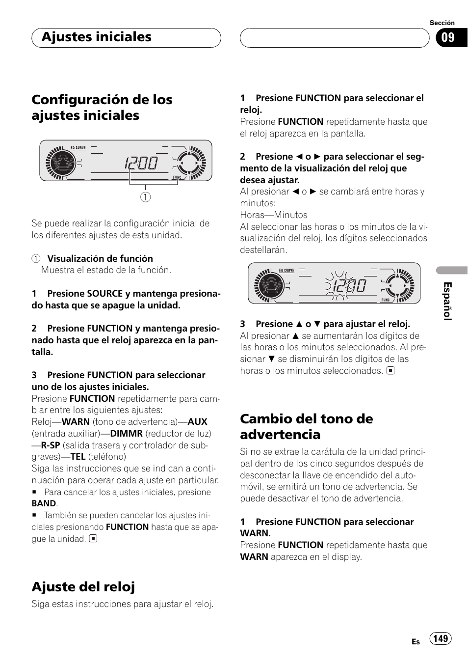 Ajustes iniciales, Configuración de los ajustes iniciales 149, Ajuste del reloj 149 | Cambio del tono de advertencia 149, Configuración de los ajustes iniciales, Ajuste del reloj, Cambio del tono de advertencia | Pioneer DEH-P550MP User Manual | Page 149 / 164