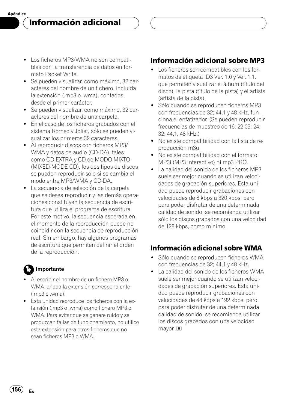 Información adicional sobre, Mp3 156, Wma 156 | Información adicional, Información adicional sobre mp3, Información adicional sobre wma | Pioneer DEH-P550MP User Manual | Page 156 / 164