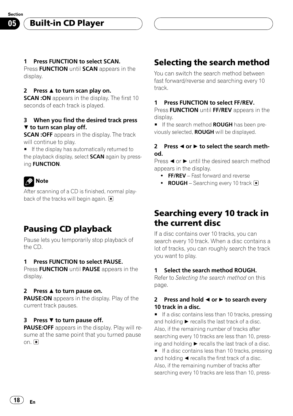 Disc 18, Pausing cd playback, Selecting the search method | Searching every10 track in the current disc, Built-in cd player | Pioneer DEH-P550MP User Manual | Page 18 / 164