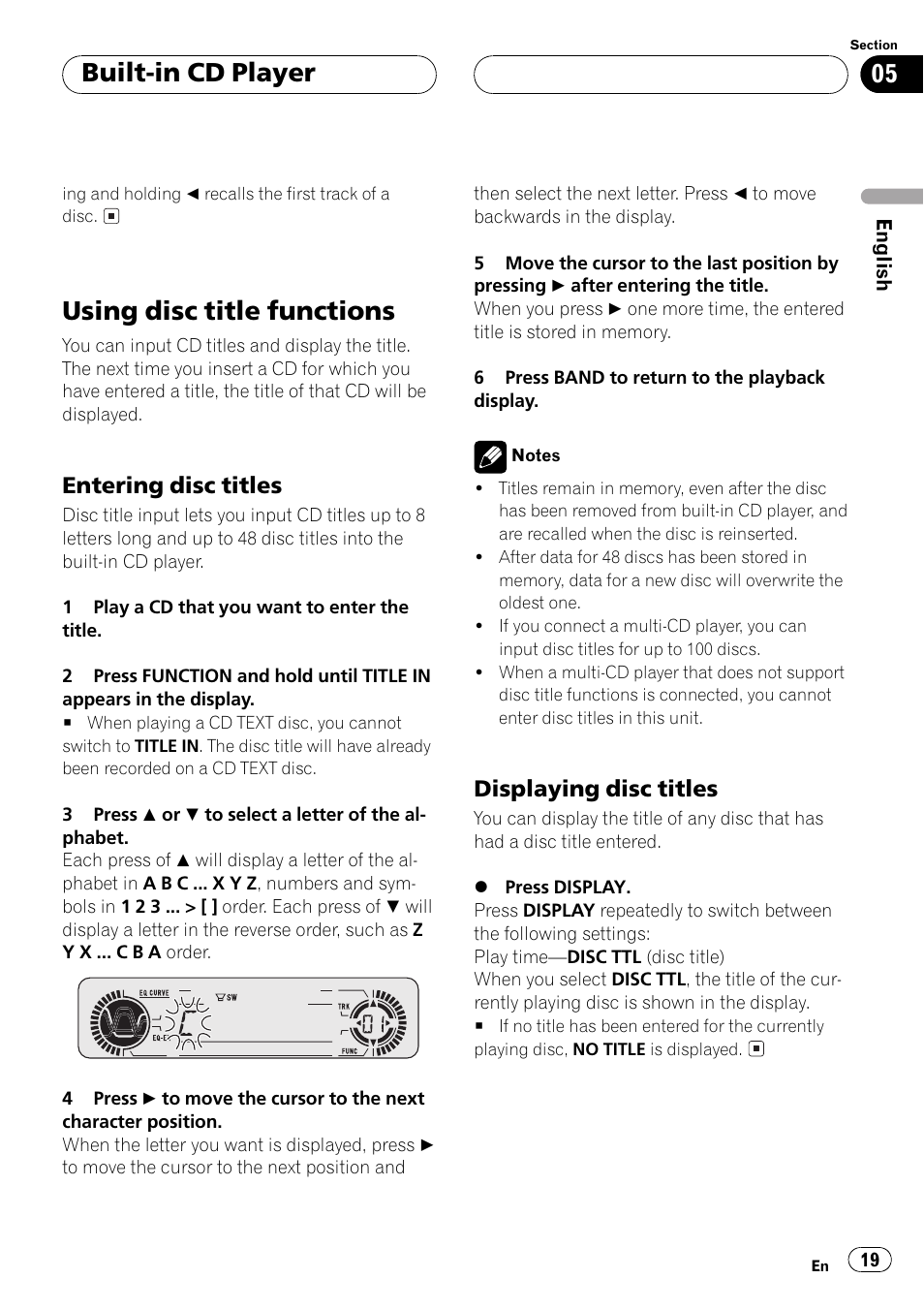 Using disc title functions 19, Entering disc titles 19, Displaying disc titles 19 | Using disc title functions, Built-in cd player, Entering disc titles, Displaying disc titles | Pioneer DEH-P550MP User Manual | Page 19 / 164