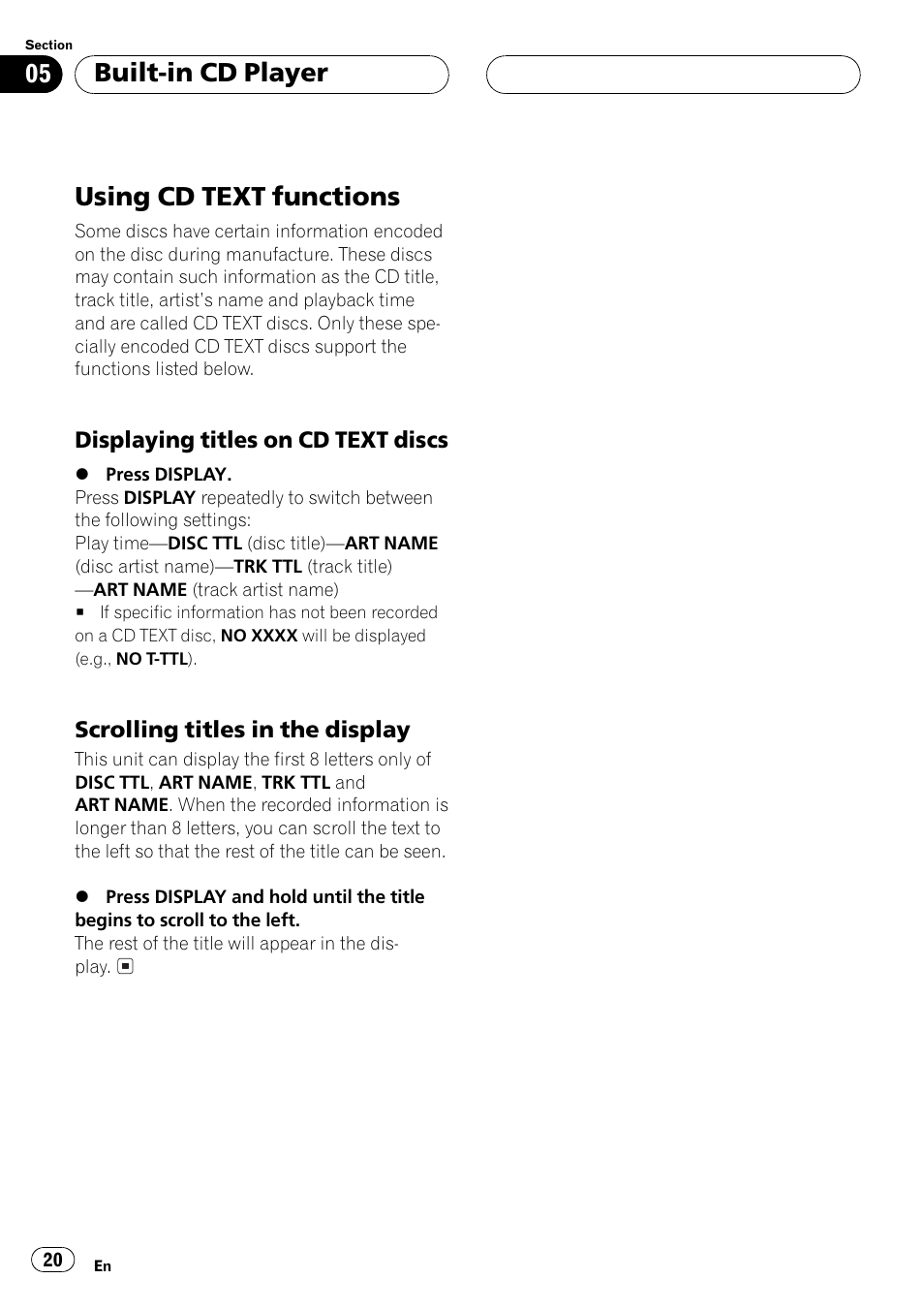 Using cd text functions 20, Displaying titles on cd text, Discs 20 | Scrolling titles in the display 20, Using cd text functions, Built-in cd player | Pioneer DEH-P550MP User Manual | Page 20 / 164