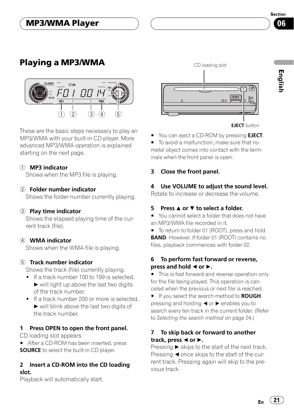 Mp3/wma player playing a mp3/wma 21, Playing a mp3/wma, Mp3/wma player | Pioneer DEH-P550MP User Manual | Page 21 / 164