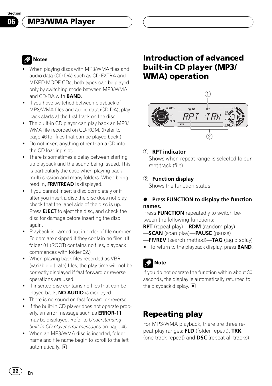 Introduction of advanced built-in cd player, Mp3/wma) operation 22, Repeating play 22 | Repeating play, Mp3/wma player | Pioneer DEH-P550MP User Manual | Page 22 / 164