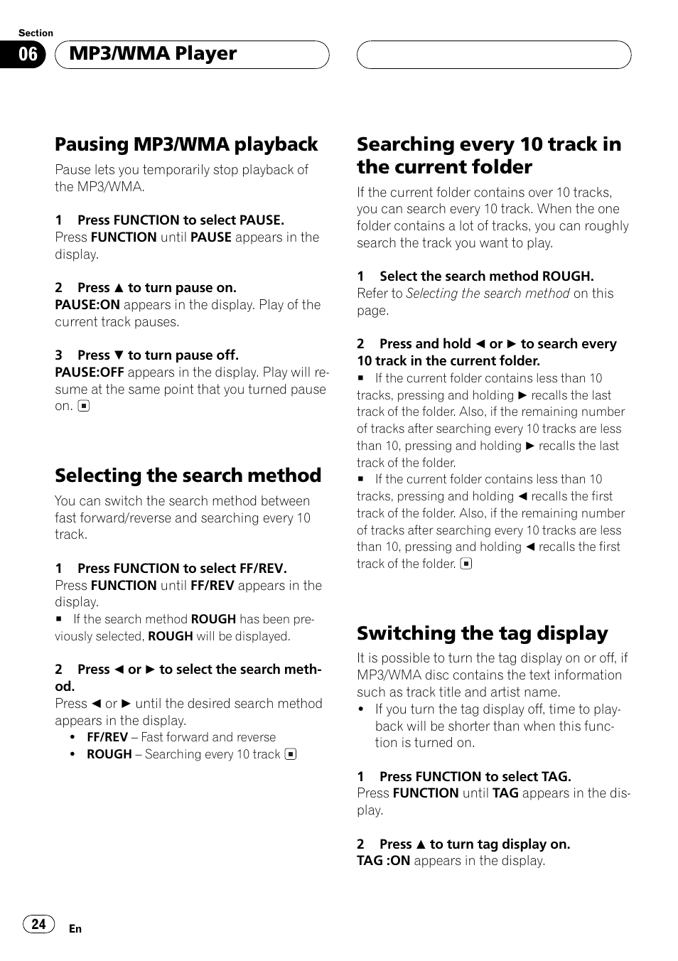 Folder 24, Switching the tag display 24, Pausing mp3/wma playback | Selecting the search method, Searching every10 track in the current folder, Switching the tag display, Mp3/wma player | Pioneer DEH-P550MP User Manual | Page 24 / 164