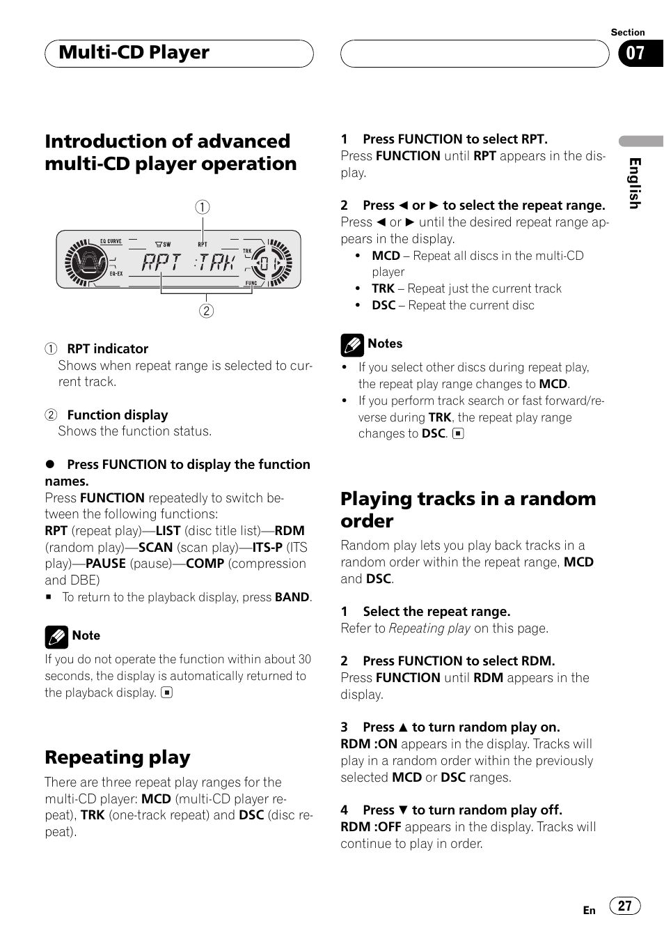 Introduction of advanced multi-cd player, Operation 27, Introduction of advanced multi-cd player operation | Repeating play, Playing tracks in a random order, Multi-cd player | Pioneer DEH-P550MP User Manual | Page 27 / 164