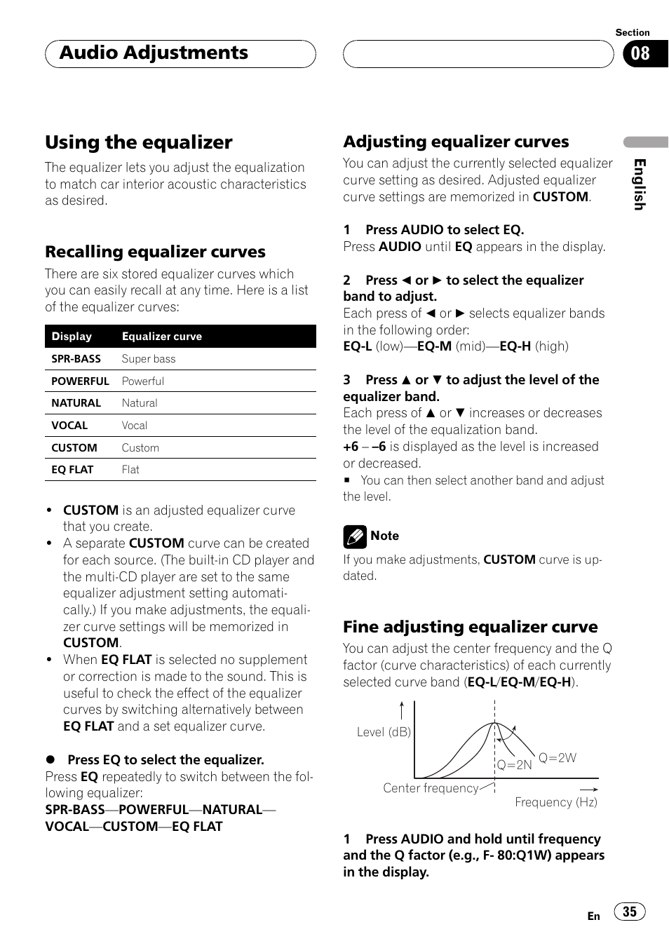 Using the equalizer 35, Recalling equalizer curves 35, Adjusting equalizer curves 35 | Fine adjusting equalizer curve 35, Using the equalizer, Audio adjustments, Recalling equalizer curves, Adjusting equalizer curves, Fine adjusting equalizer curve | Pioneer DEH-P550MP User Manual | Page 35 / 164