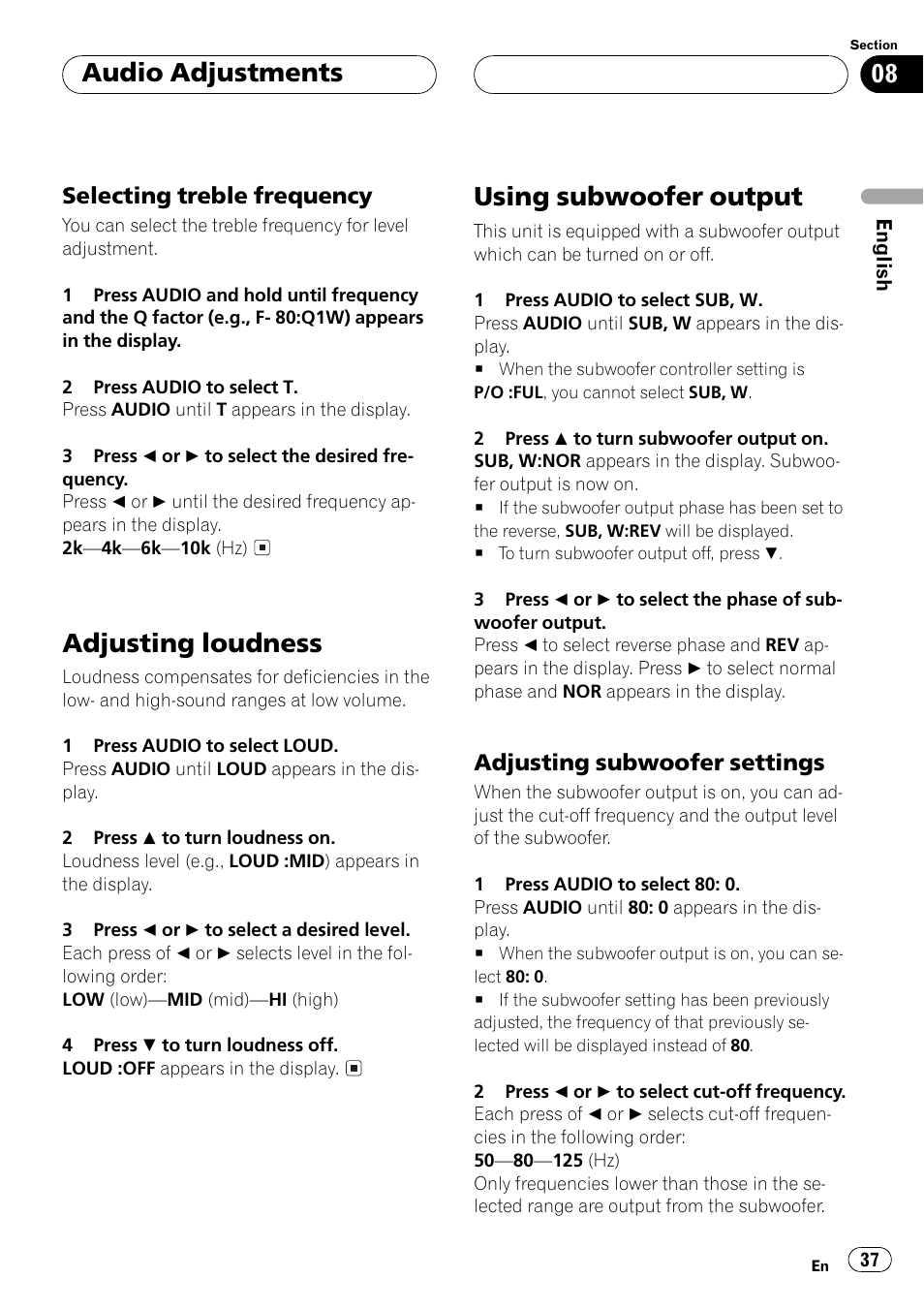 Selecting treble frequency 37, Adjusting loudness 37 using subwoofer output 37, Adjusting subwoofer settings 37 | Adjusting loudness, Using subwoofer output, Audio adjustments | Pioneer DEH-P550MP User Manual | Page 37 / 164