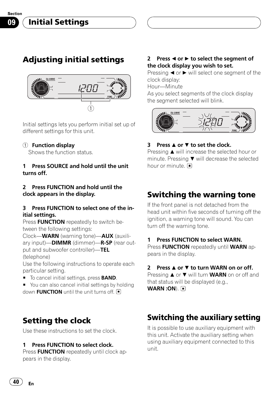 Adjusting initial settings, Setting the clock, Switching the warning tone | Switching the auxiliarysetting, Initial settings | Pioneer DEH-P550MP User Manual | Page 40 / 164