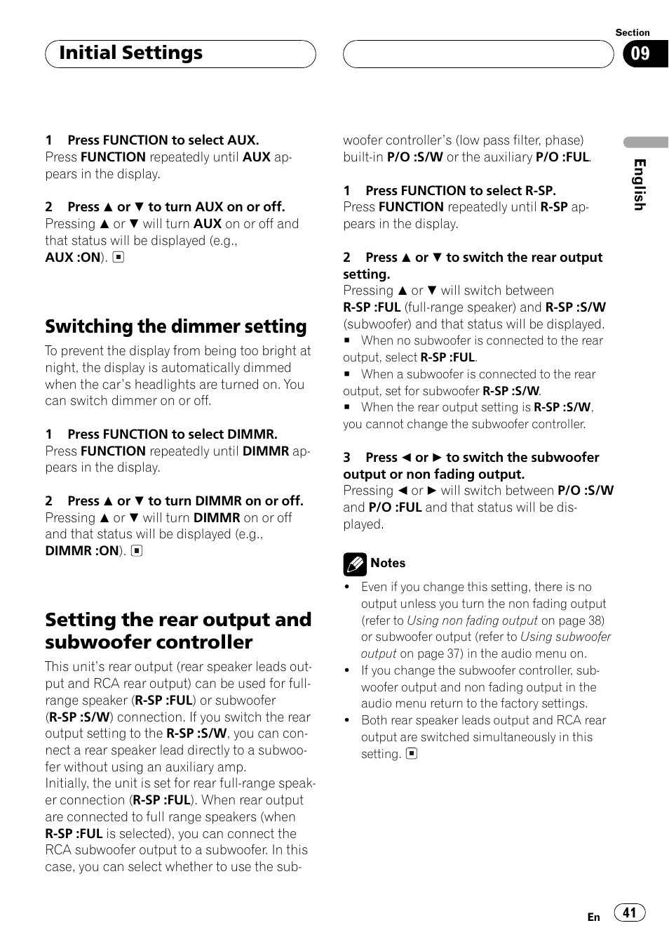 Controller 41, Switching the dimmer setting, Setting the rear output and subwoofer controller | Initial settings | Pioneer DEH-P550MP User Manual | Page 41 / 164