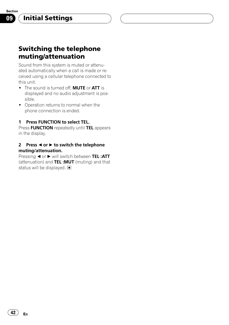 Switching the telephone muting, Attenuation 42, Switching the telephone muting/attenuation | Initial settings | Pioneer DEH-P550MP User Manual | Page 42 / 164
