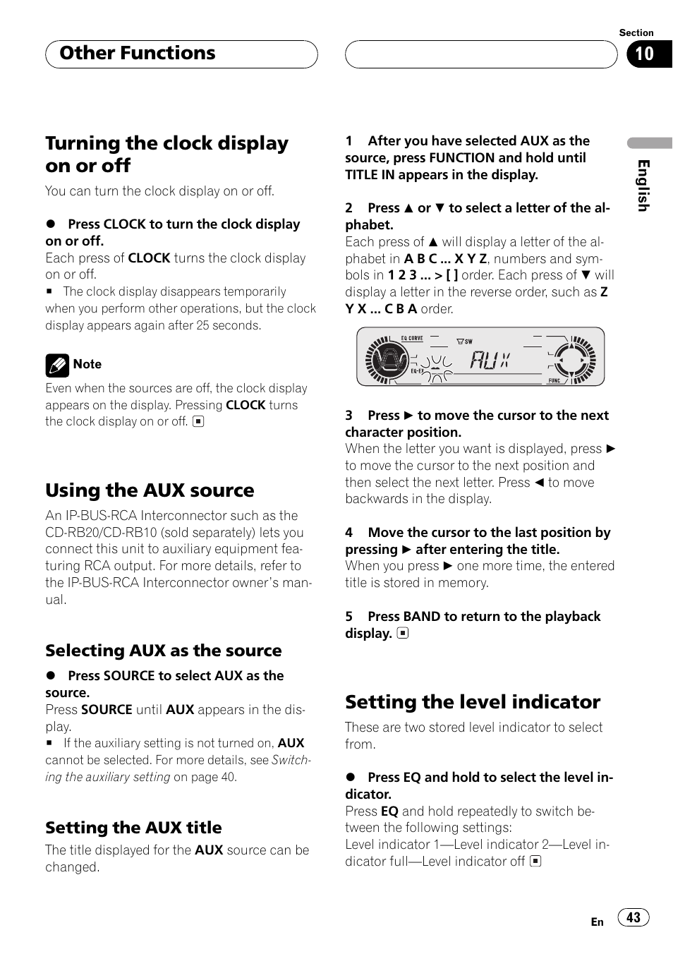 Selecting aux as the source 43, Setting the aux title 43, Setting the level indicator 43 | Turning the clock display on or off, Using the aux source, Setting the level indicator, Other functions | Pioneer DEH-P550MP User Manual | Page 43 / 164