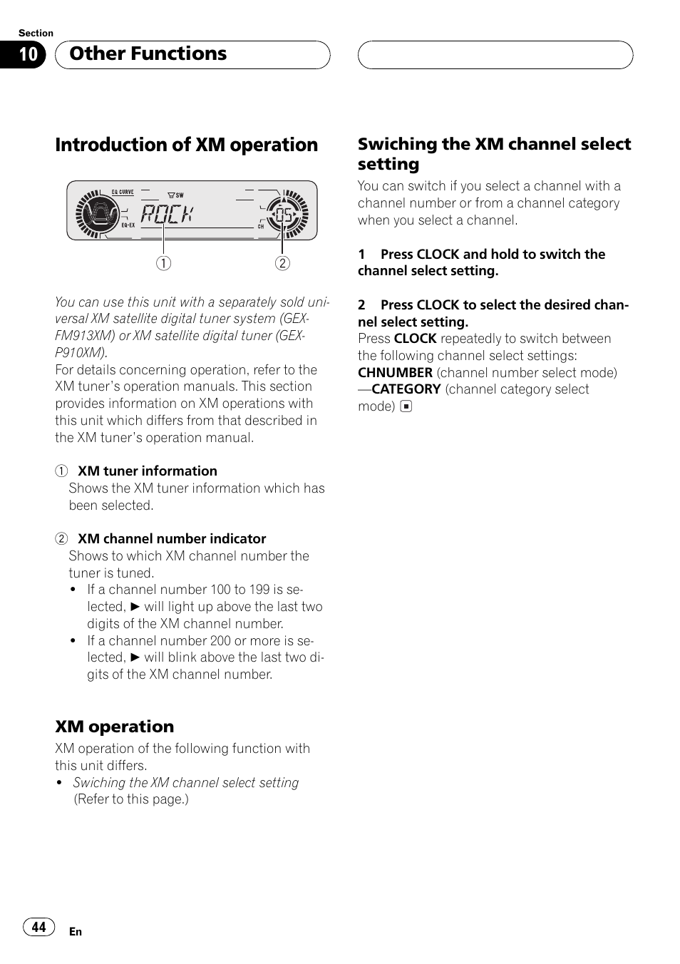 Introduction of xmoperation 44, Xmoperation 44, Swiching the xmchannel select | Setting 44, Introduction of xm operation, Other functions | Pioneer DEH-P550MP User Manual | Page 44 / 164