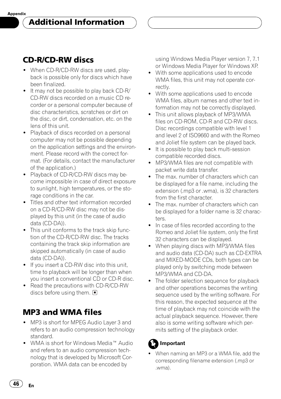 Cd-r/cd-rw discs 46 mp3 and wma files 46, Cd-r/cd-rw discs, Mp3 and wma files | Additional information | Pioneer DEH-P550MP User Manual | Page 46 / 164