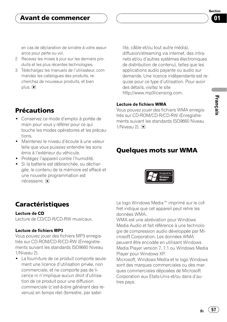 Précautions 57, Caractéristiques 57, Quelques mots sur wma 57 | Précautions, Caractéristiques, Quelques mots sur wma, Avant de commencer | Pioneer DEH-P550MP User Manual | Page 57 / 164