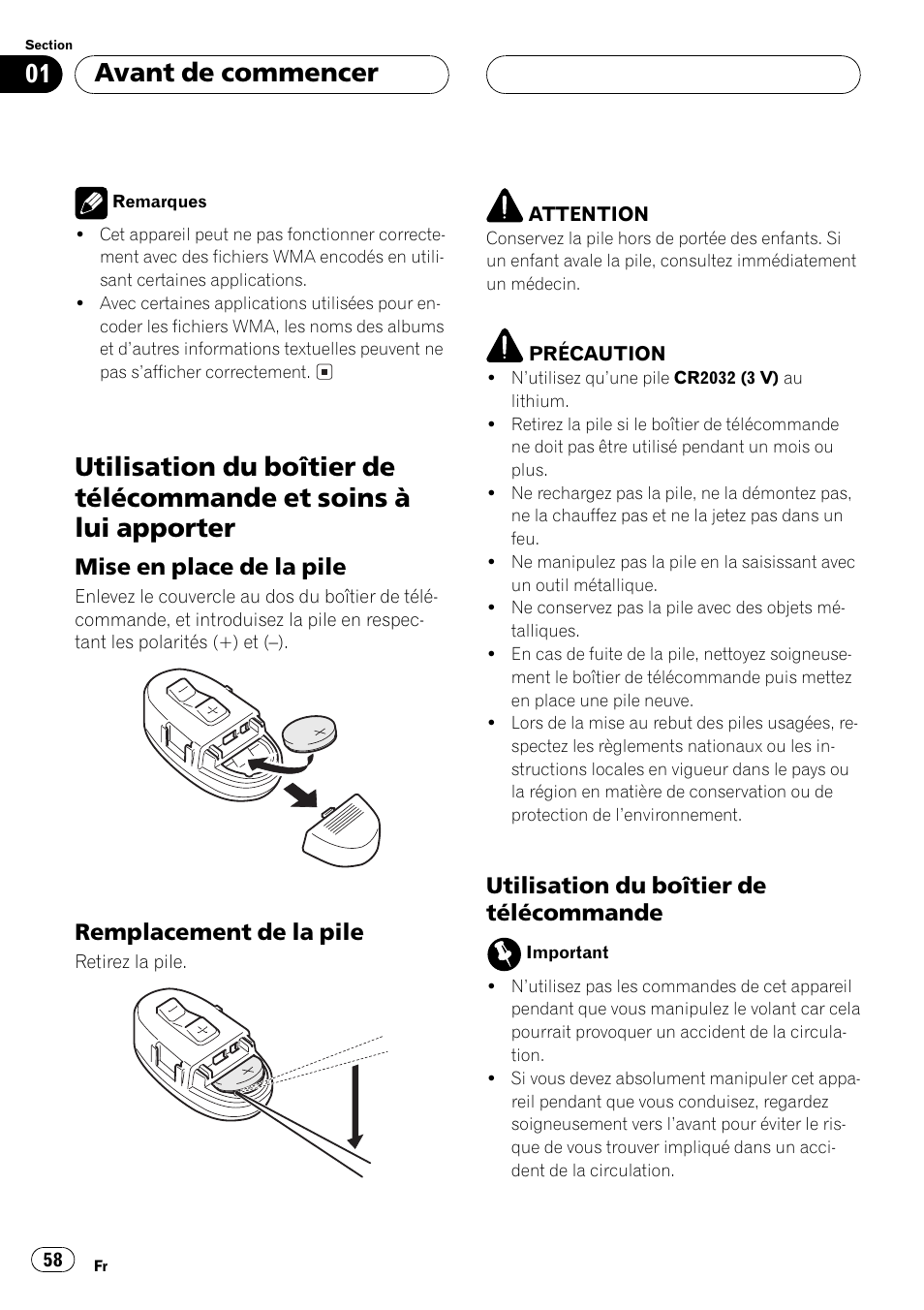 Utilisation du boîtier de télécommande et, Soins à lui apporter 58, Mise en place de la pile 58 | Remplacement de la pile 58, Utilisation du boîtier de, Télécommande 58, Avant de commencer | Pioneer DEH-P550MP User Manual | Page 58 / 164