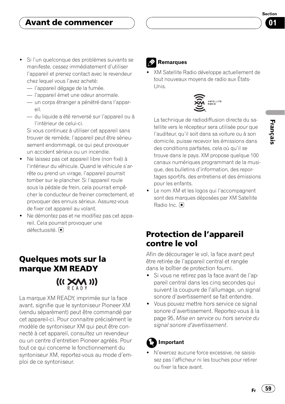 Quelques mots sur la marque xm, Ready 59, Protection de lappareil contre le vol 59 | Quelques mots sur la marque xm ready, Protection de lappareil contre le vol, Avant de commencer | Pioneer DEH-P550MP User Manual | Page 59 / 164