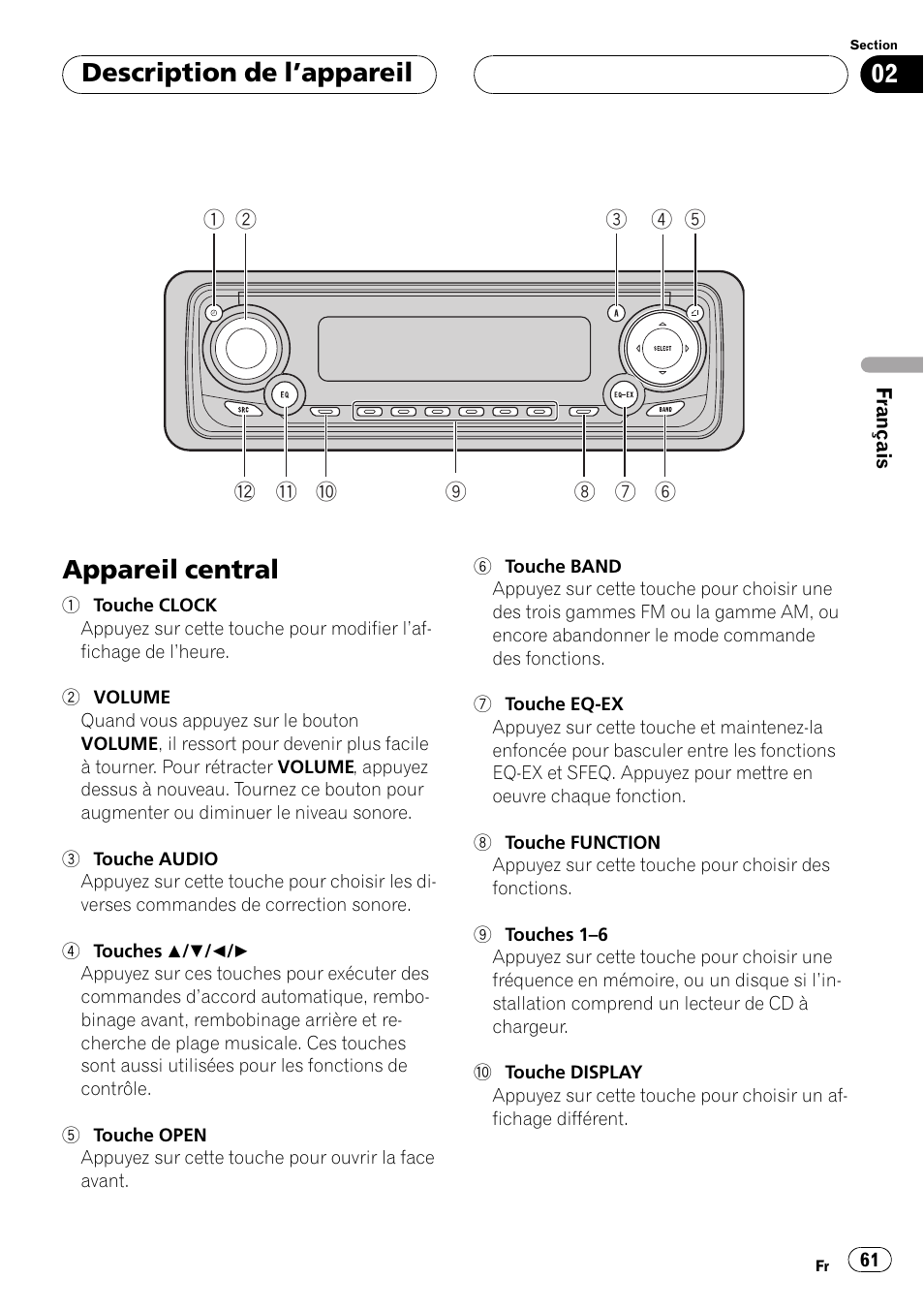 Description de lappareil, Appareil central 61, Appareil central | Pioneer DEH-P550MP User Manual | Page 61 / 164