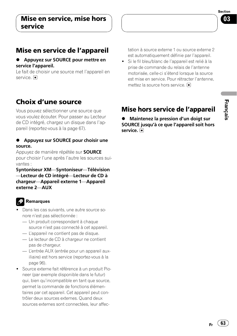 Mise en service, mise hors service, Mise en service de lappareil 63, Choix dune source 63 | Mise hors service de lappareil 63, Mise en service de lappareil, Choix dune source, Mise hors service de lappareil | Pioneer DEH-P550MP User Manual | Page 63 / 164