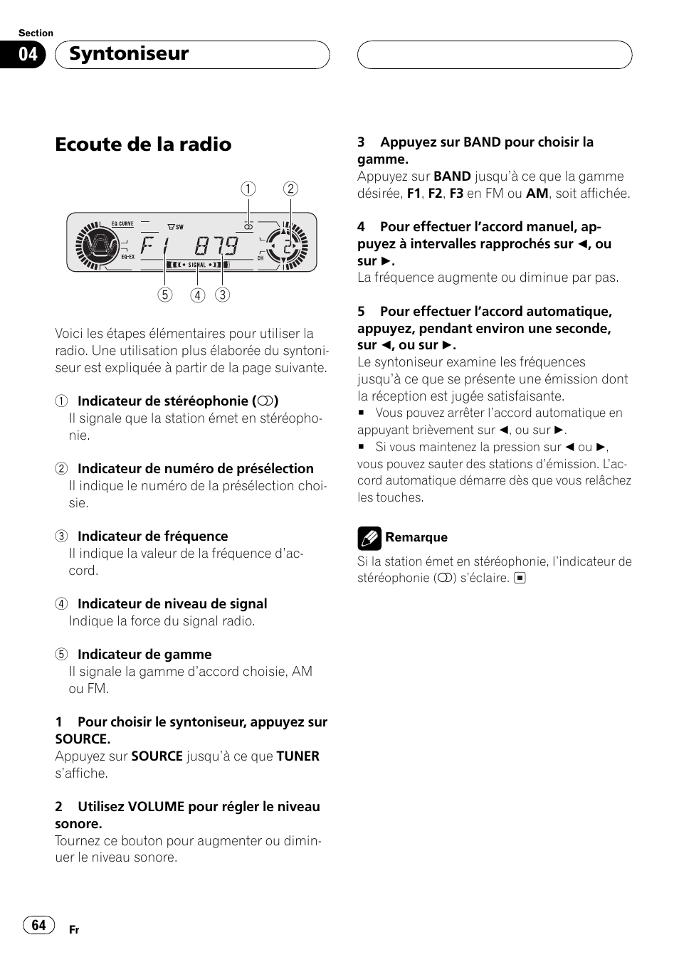 Syntoniseur, Ecoute de la radio 64, Ecoute de la radio | Pioneer DEH-P550MP User Manual | Page 64 / 164