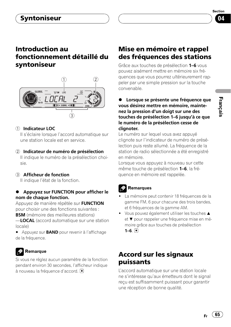 Introduction au fonctionnement détaillé du, Syntoniseur 65, Mise en mémoire et rappel des fréquences | Des stations 65, Accord sur les signaux puissants 65, Accord sur les signaux puissants, Syntoniseur | Pioneer DEH-P550MP User Manual | Page 65 / 164